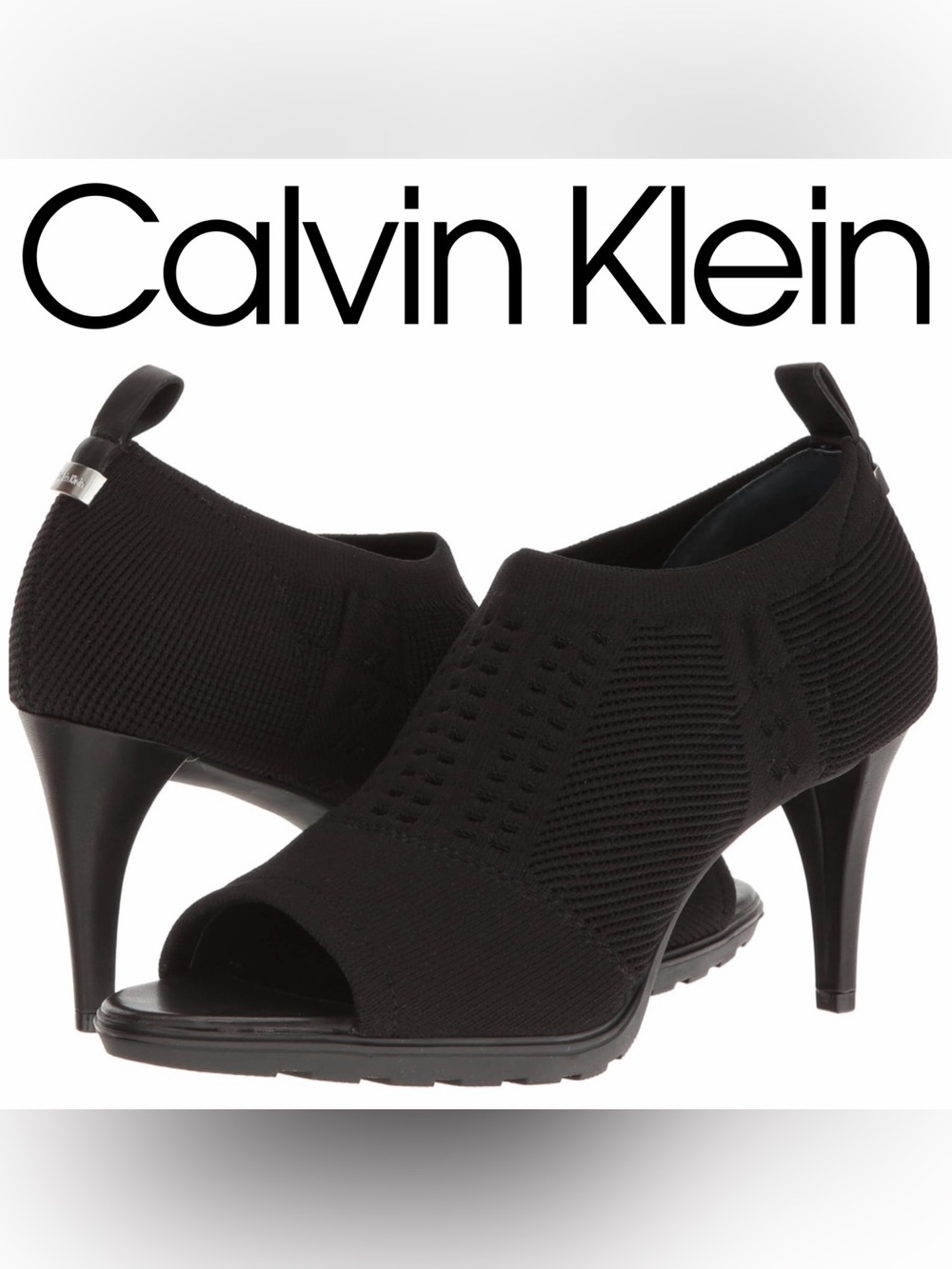 Calvin Klein Massey Stretch Knit Peep Toe Sock Booties Black Heels Size 8M